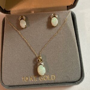 10k Yellow Gold Opal and Diamond Earrings and Necklace Set